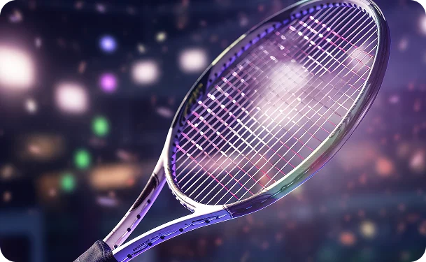 Raquette de tennis avec effets lumineux bokeh en arrière-plan, équipement sportif élégant et concept athlétique moderne.