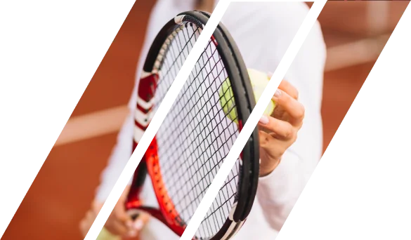 Joueur de tennis tenant une raquette au design géométrique dynamique, bannière sportive moderne et concept de marque athlétique.